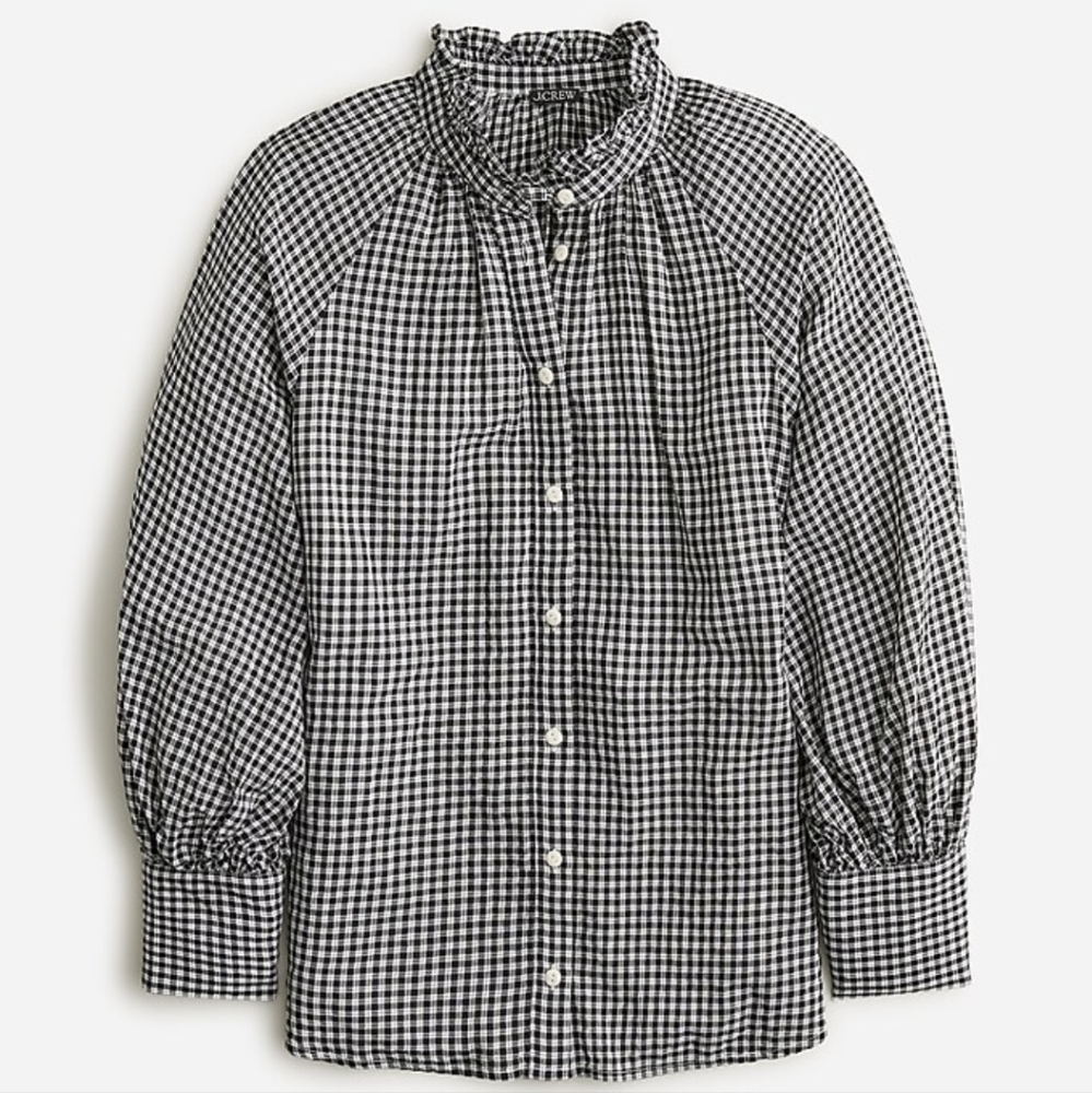 J.Crew Ruffleneck button up shirt in plaid soft gauze. Black